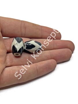 Üçgen Çizgili Seramik Boncuk Siyah-Beyaz 12x18 mm 10 Adet