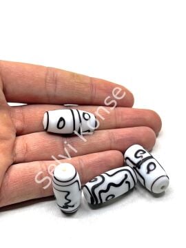 Etnik Desenli Oval Mat Cam Boncuk Beyaz 10 Adet