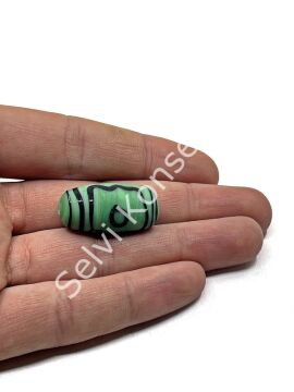 Etnik Desenli Oval Mat Cam Boncuk Yeşil 10 Adet