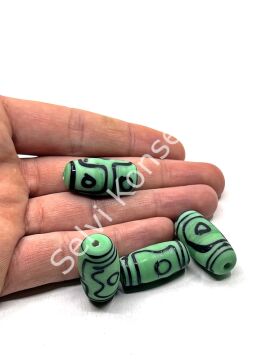 Etnik Desenli Oval Mat Cam Boncuk Yeşil 10 Adet