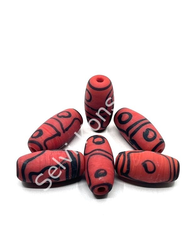 Etnik Desenli Oval Mat Cam Boncuk Kırmızı 10 Adet