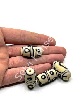 Etnik Desenli Oval Mat Cam Boncuk Krem 10 Adet