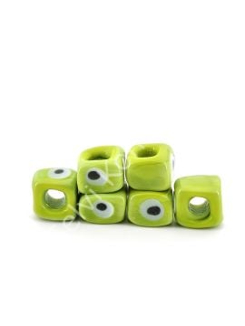 El Yapımı Fıstık Yeşili Renkli Murano Gözlü Kare Boncuk