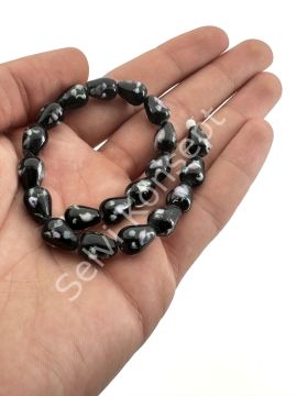 Damla İçten Çiçekli Cam Boncuk Dizi Siyah 8x10 mm