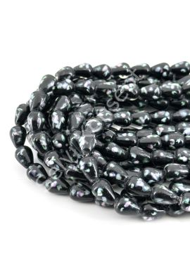 Damla İçten Çiçekli Cam Boncuk Dizi Siyah 8x10 mm