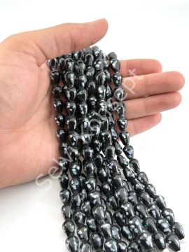 Damla İçten Çiçekli Cam Boncuk Dizi Siyah 8x10 mm
