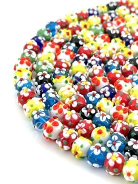 El Yapımı Çiçekli Cam Boncuk Karışık Renkli 10 mm