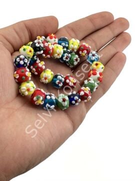 El Yapımı Çiçekli Cam Boncuk Karışık Renkli 10 mm