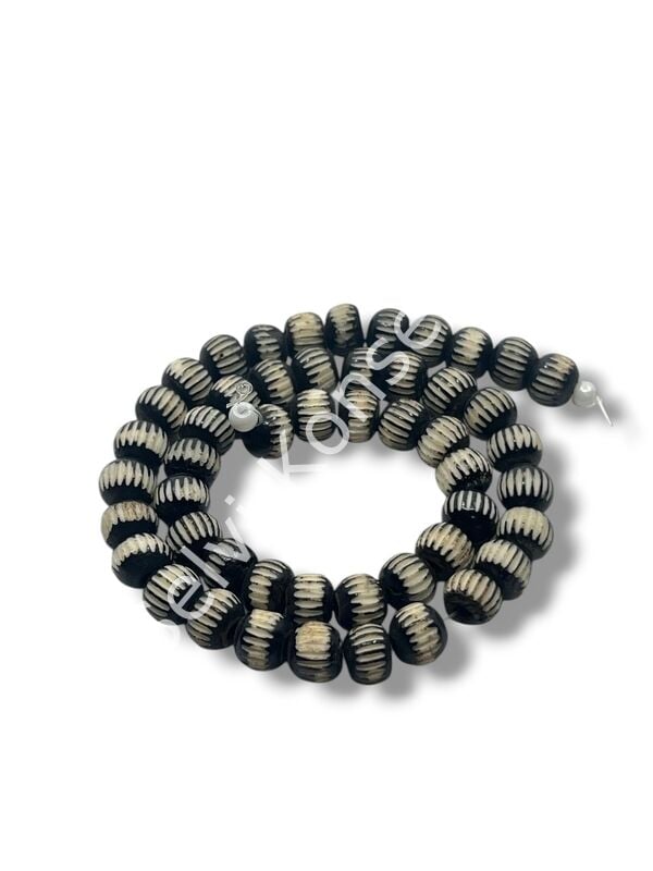 El Yapımı Etnik Desenli Dizi Tibet Boncuk Siyah 8 mm