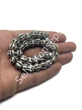 El Yapımı Etnik Desenli Dizi Tibet Boncuk Beyaz 10x7 mm