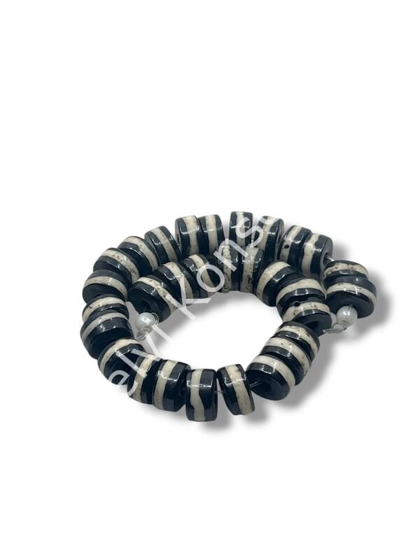 El Yapımı Çizgili Rondela Dizi Tibet Boncuk Siyah 10x4 mm