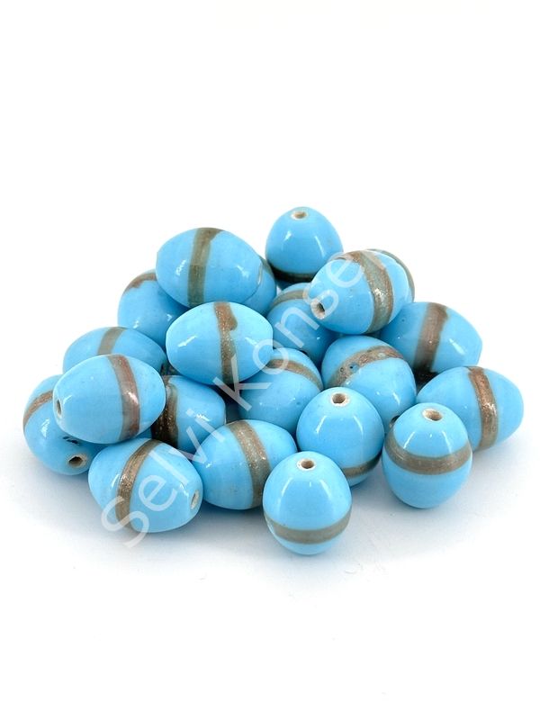 Mavi Çizgili Hint Cam Boncuk 12x15 mm 50 gr