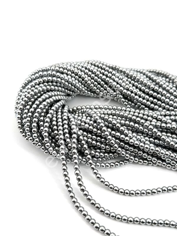 4 mm Yuvarlak Hematit Doğal Taş Gümüş