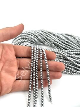 4 mm Yuvarlak Hematit Doğal Taş Gümüş