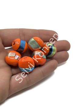 El Yapımı Renkli Şeritli Üçgen Hint Cam Boncuk Turuncu 10 Adet