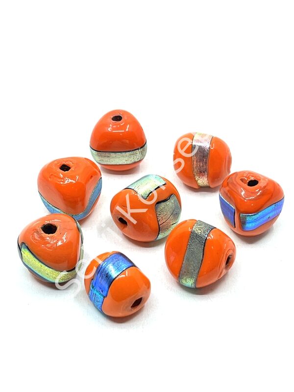 El Yapımı Renkli Şeritli Üçgen Hint Cam Boncuk Turuncu 10 Adet