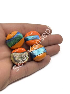 El Yapımı Renkli Şeritli Yassı Hint Cam Boncuk Turuncu 10 Adet