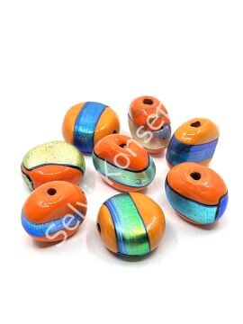 El Yapımı Renkli Şeritli Yassı Hint Cam Boncuk Turuncu 10 Adet