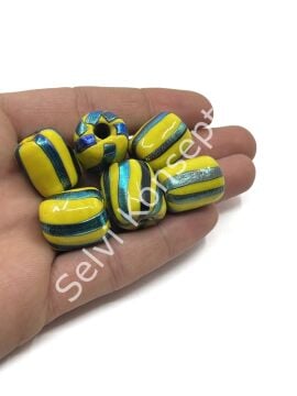 El Yapımı Renkli Şeritli Silindir Hint Cam Boncuk Sarı 10 Adet