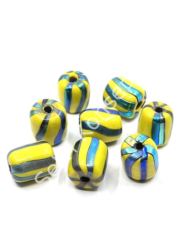 El Yapımı Renkli Şeritli Silindir Hint Cam Boncuk Sarı 10 Adet