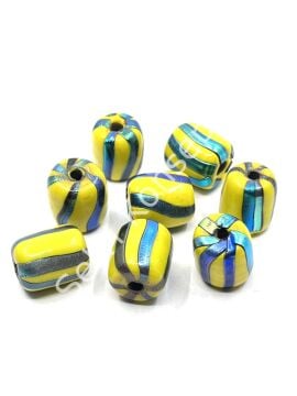 El Yapımı Renkli Şeritli Silindir Hint Cam Boncuk Sarı 10 Adet