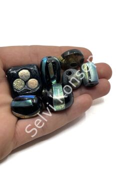 El Yapımı Renkli Şeritli Karışık Boyut-Model Hint Cam Boncuk Siyah 10 Adet