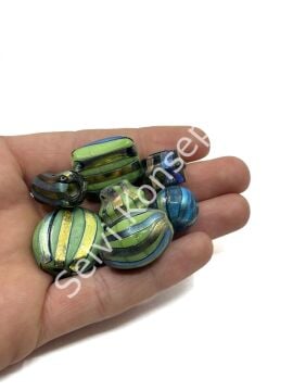 El Yapımı Renkli Şeritli Karışık Boyut-Model Hint Cam Boncuk Yeşil-Mavi 10 Adet