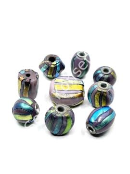 El Yapımı Renkli Şeritli Karışık Boyut-Model Hint Cam Boncuk Mürdüm 10 Adet