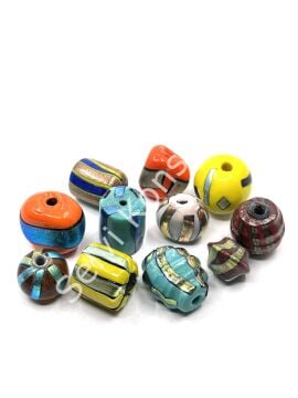 El Yapımı Renkli Şeritli Karışık Boyut-Model Hint Cam Boncuk 10 Adet