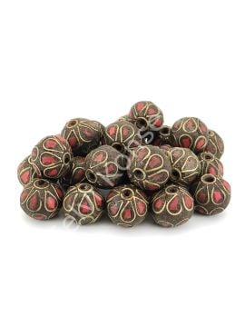 Pirinç Antik İşlemeli Nepal Boncuk Mercan Taş Kakmalı 15 mm