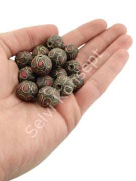 Pirinç Antik İşlemeli Nepal Boncuk Mercan Taş Kakmalı 15 mm