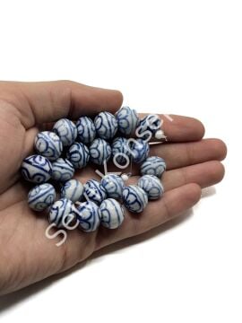 El Yapımı Lacivert Çiçekli Dizi Seramik Boncuk 14x12 mm