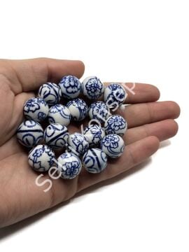 El Yapımı Lacivert Çiçekli Dizi Seramik Boncuk 16 mm