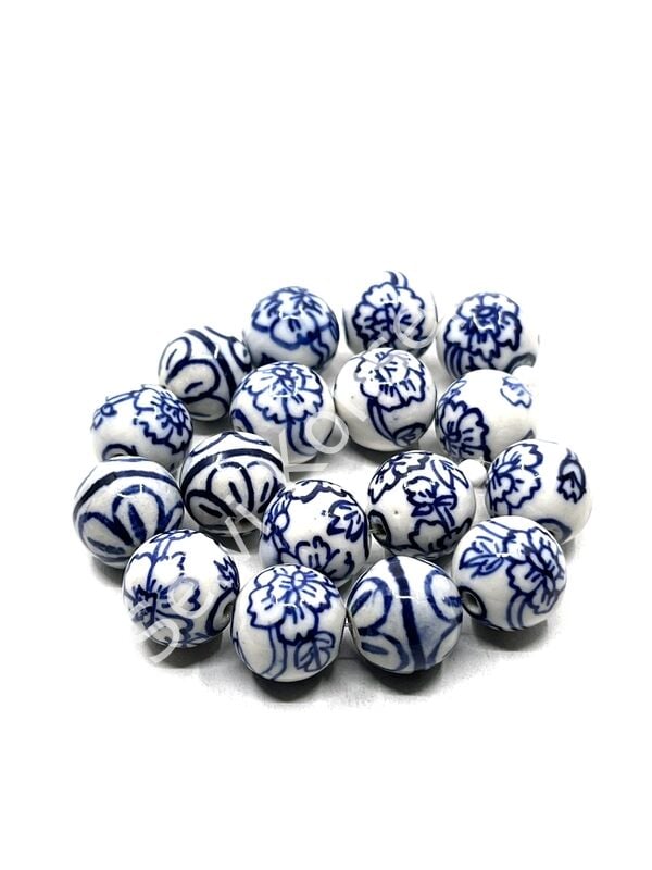El Yapımı Lacivert Çiçekli Dizi Seramik Boncuk 16 mm