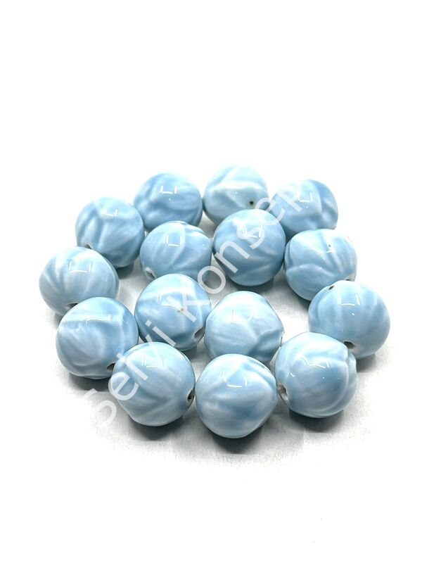 El Yapımı Gül Motif Dizi Seramik Boncuk Bebek Mavisi 18 mm