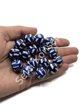 El Yapımı Lacivert-Beyaz Çizgili  Dizi Seramik Boncuk 17 mm