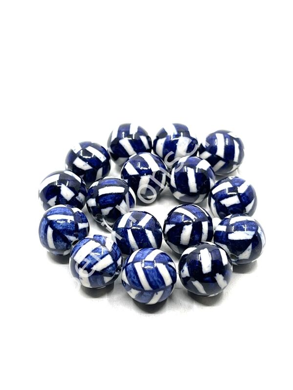 El Yapımı Lacivert-Beyaz Çizgili  Dizi Seramik Boncuk 17 mm