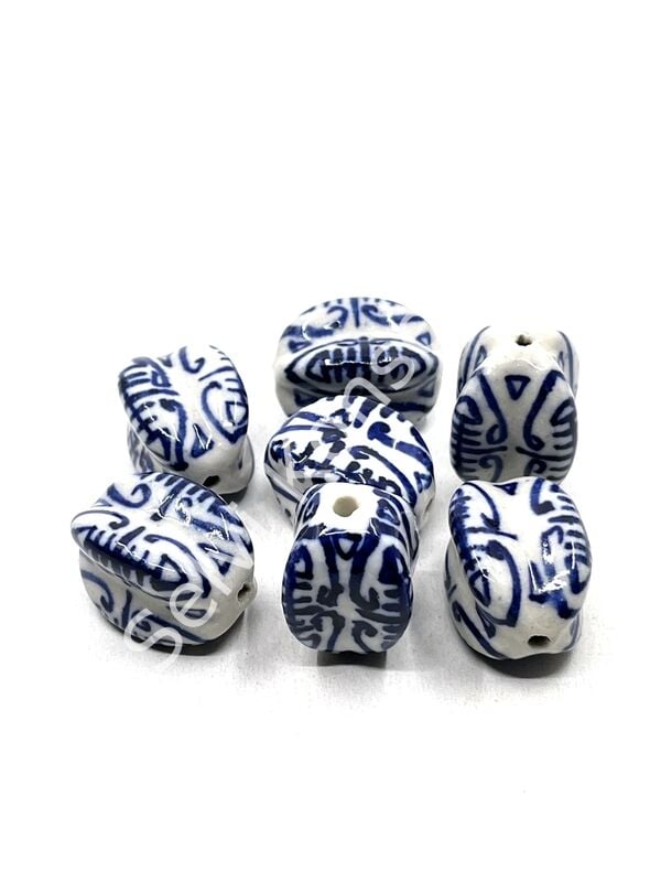 El Yapımı Etnik Desenli Seramik Boncuk Lacivert 18x27 mm 10 Adet