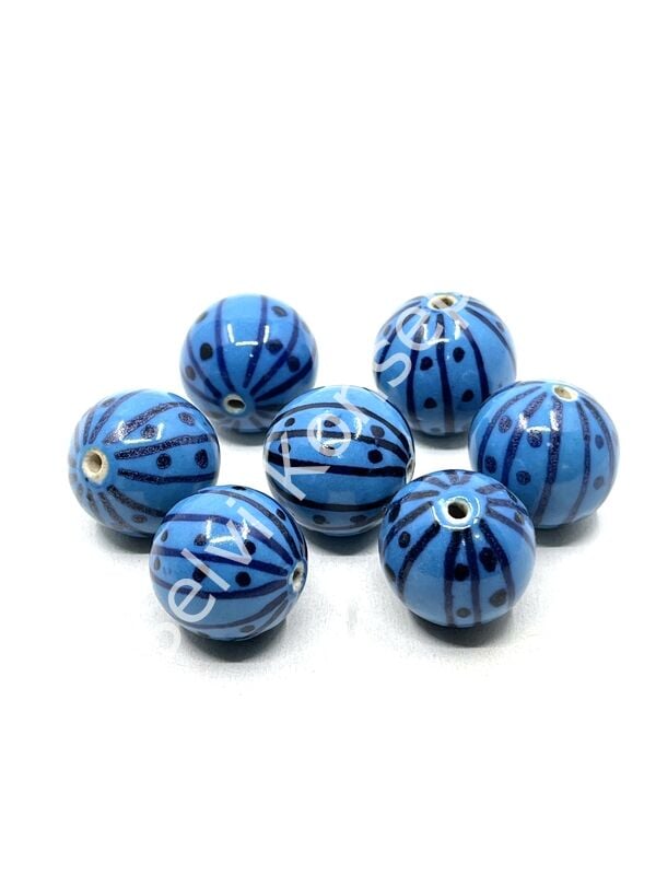 El Yapımı Çizgili Benekli Seramik Boncuk Mavi 24 mm 10 Adet