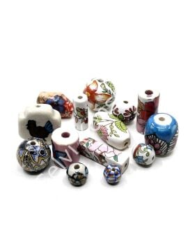 El Yapımı Çiçek Desenli Karışık Seramik Boncuk 10-26 mm 250 Gr