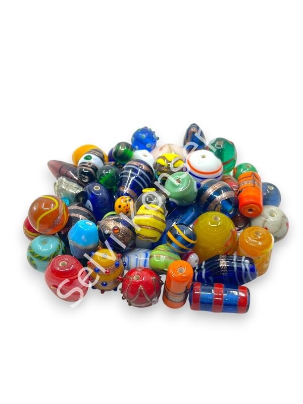 El Yapımı Karışık Hint Cam Boncuk Küçük-Orta-Büyük Boy 500 gr