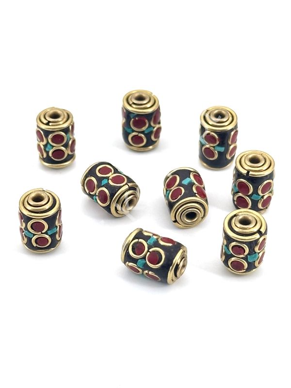 Pirinç İşlemeli Turkuaz-Mercan Kakmalı Nepal Boncuk 8x13 mm