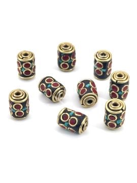 Pirinç İşlemeli Turkuaz-Mercan Kakmalı Nepal Boncuk 8x13 mm